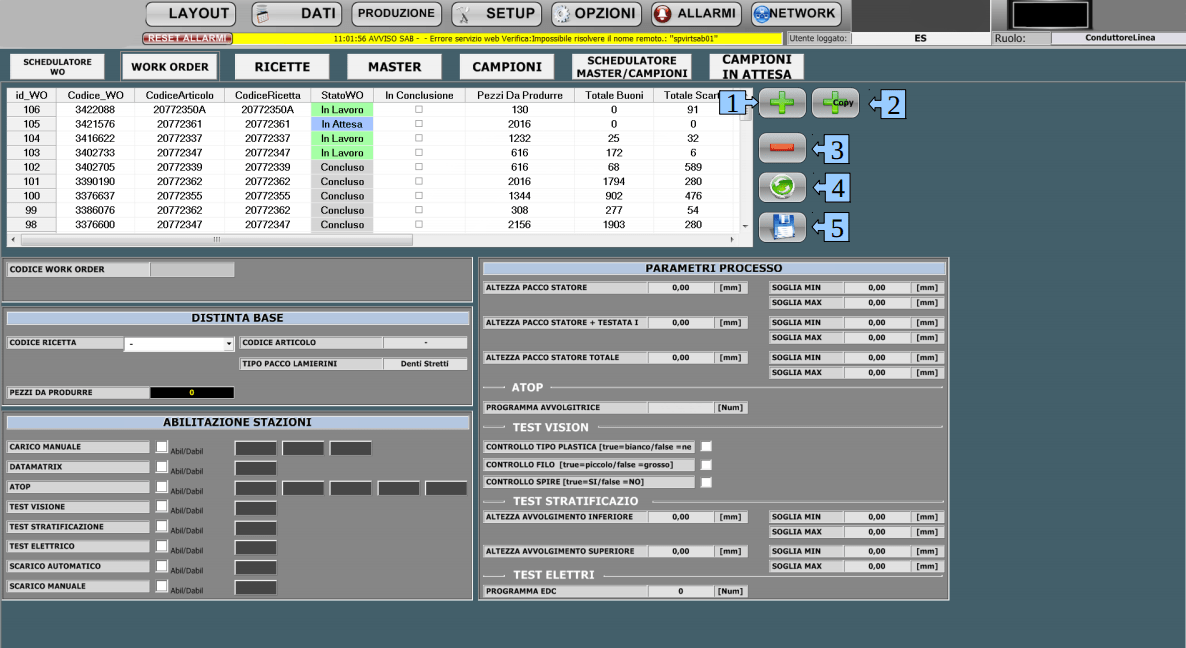 Interfaccia software di schedulazione ordini di produzione e gestione ricette per una linea di produzione di statori