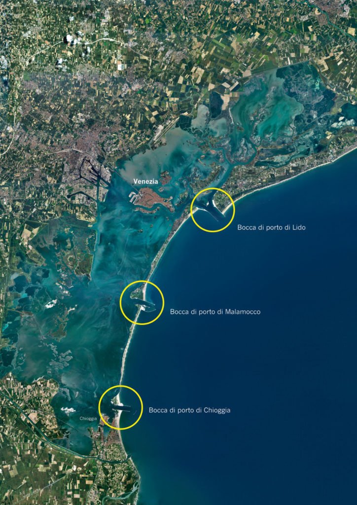 MOSE, localizzazione area delle bocche di porto nella laguna di Venezia