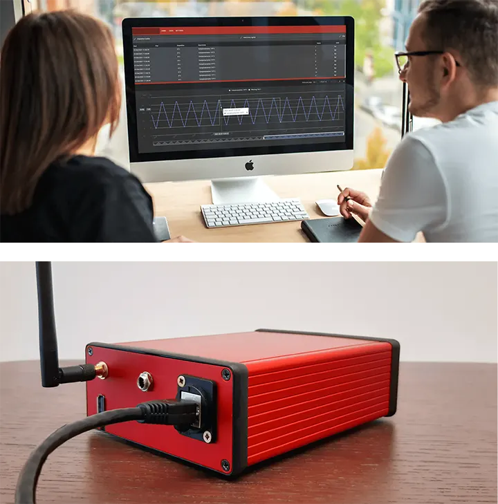 Due persone al PC analizzano i dati di produzione raccolti da un gateway industriale multifunzione EdgeBOX per Edge Computing con Raspberry