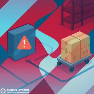 Illustrazione isometrica di un ambiente industriale con un ostacolo che blocca un percorso tracciato e un carrello carico di scatole, a rappresentare i concetti di obstacle avoidance e virtual path following nei sistemi AMR