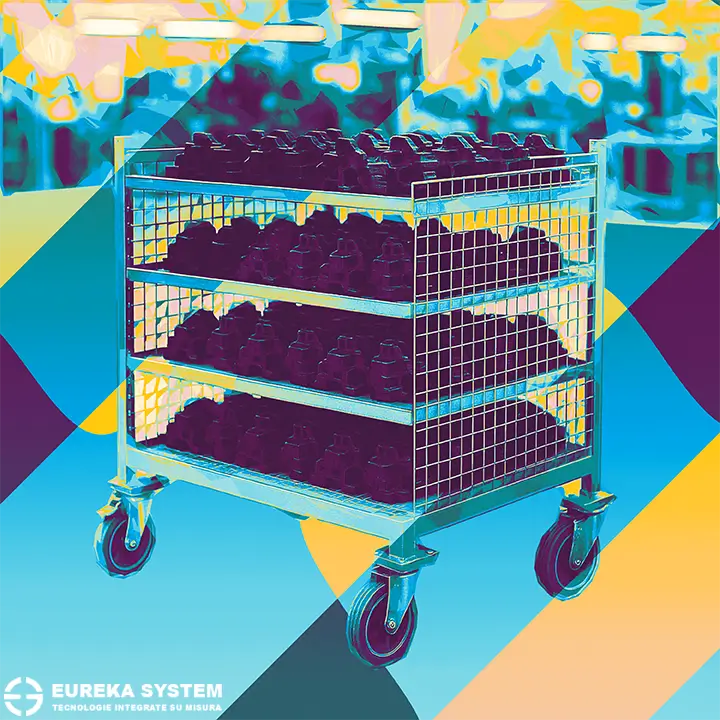 Carrello in produzione con pezzi per automotive