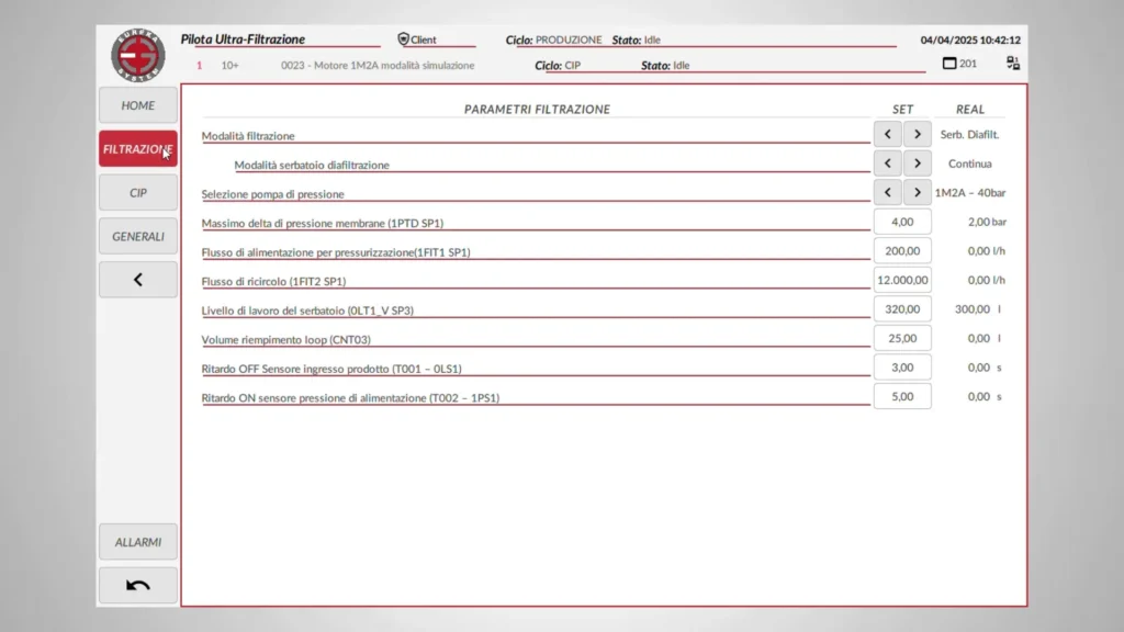 Interfaccia FT Optix HMI impianto ultrafiltrazione settore alimentare