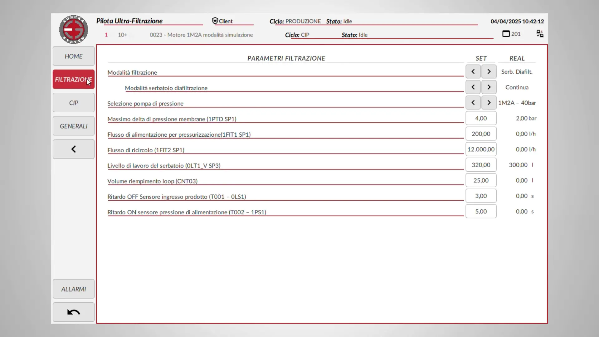 Interfaccia FT Optix HMI impianto ultrafiltrazione settore alimentare