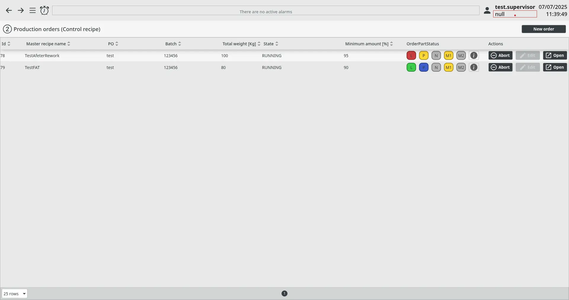 Interfaccia Ignition per gestione ricette - Gestione ordini