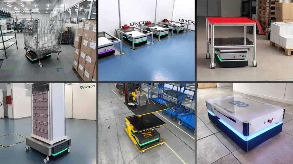 HELKO Autonomous Mobile Robot con diversi tipi di carrelli automatizzati