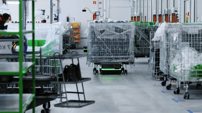 AMR HELKO in movimento tra le postazioni di lavoro e i carrelli per la logistica interna di produzione